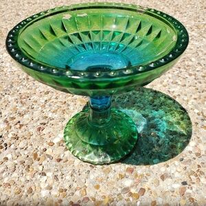 Jeanette Glass Green And Blue Pedestal Candy Dish Compote Bowl Vintage